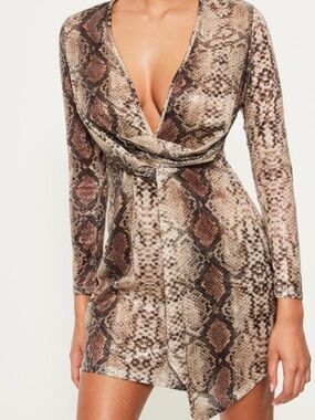 Missguided Nasty Gal Snake Print Long Sleeve Mini Dress Wrap Sequin